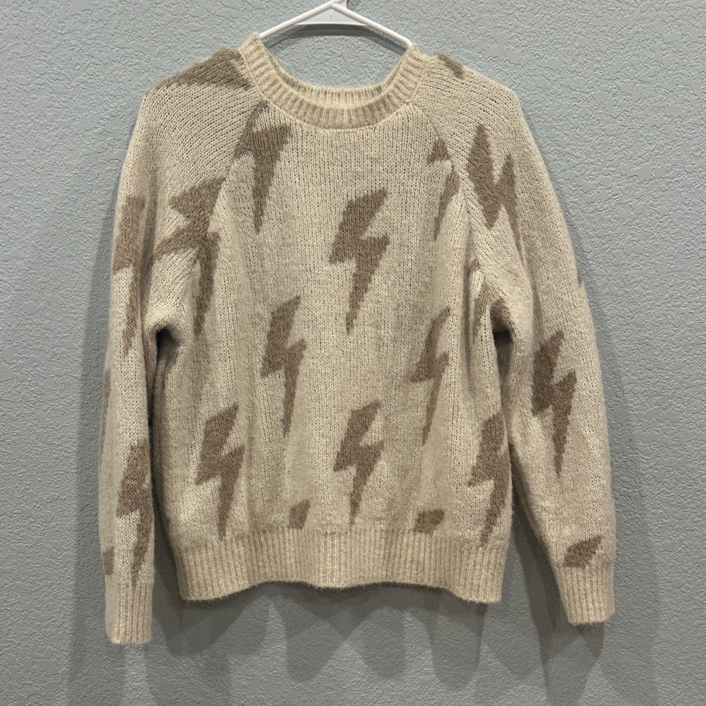 Z Supply Cream and Brown Lightning Crewneck Sweater - Small